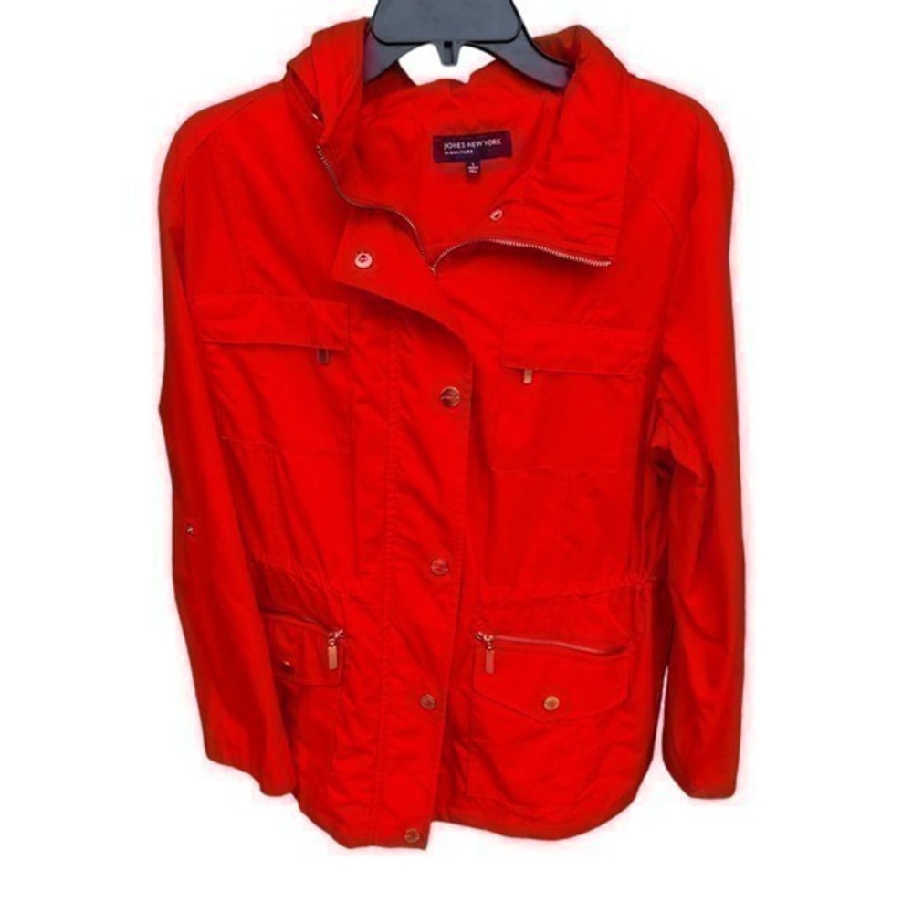 Jones New York  orange water resistant windbreaker roll tab  hideaway hood L